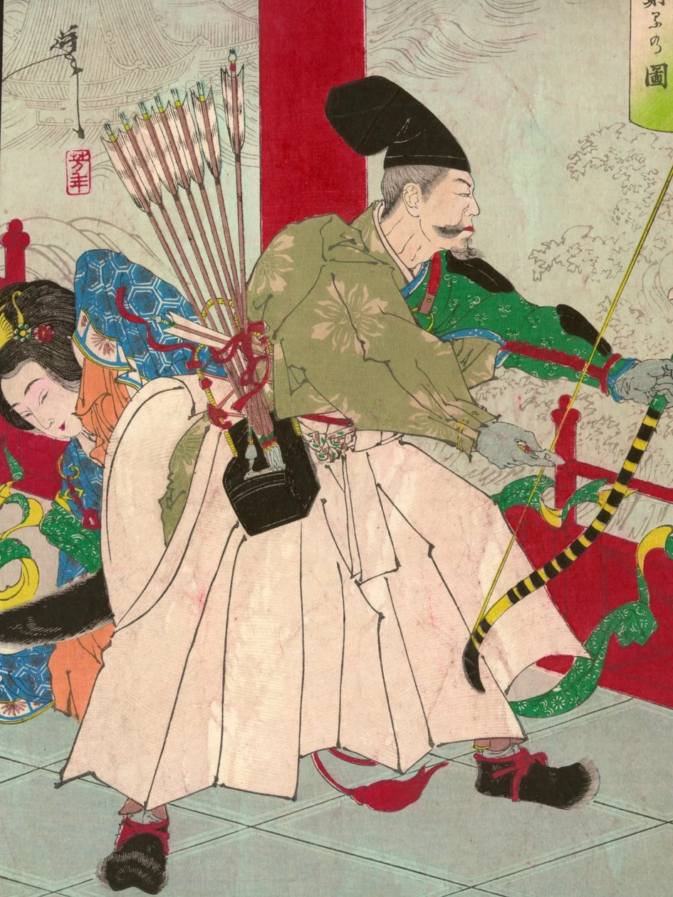 Watanabe no Tsuna, con arco e frecce, al Palazzo del demone Ibaraki